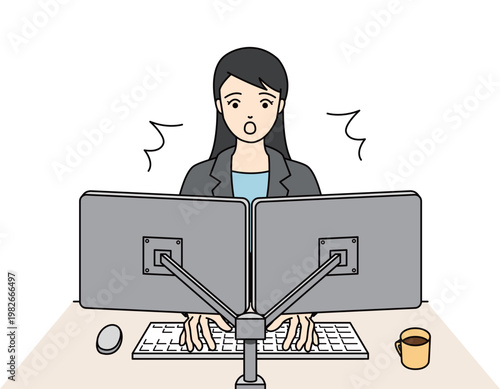 パソコン作業中に何かを発見し驚くスーツ姿の女性ビジネスパーソン