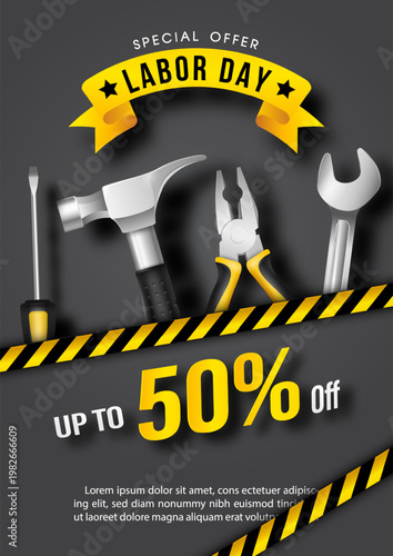 Poster banner of Labor day sale template with Hand tools, sale wording on black background. Vector illustration