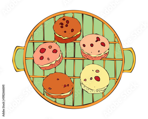 Grilling delicious meatballs or cookies on a round rack for party snacks and home cooking - Vector Illustration
