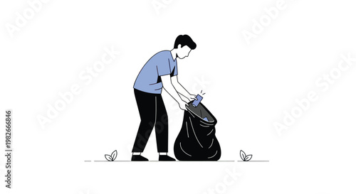 Man picking up trash with gloves and a black bag on a clean ground with leaves