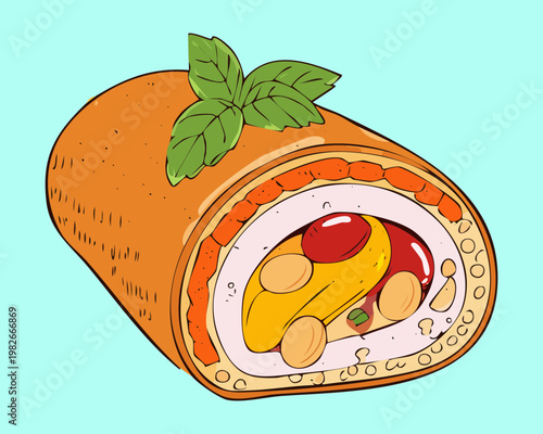 Sliced swiss roll cake with cream filling for sweet dessert and bakery product menu design - Vector Illustration