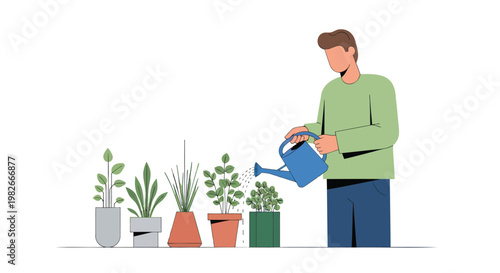 Man watering plants with blue watering can in green shirt and blue jeans standing next to potted plants on white background