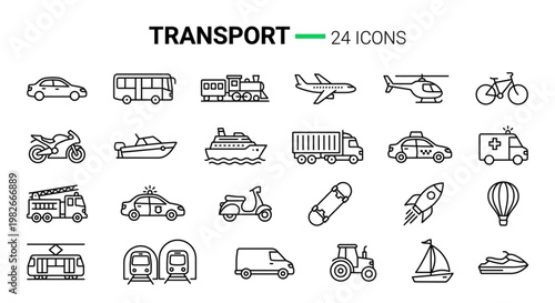 A comprehensive set of twenty-four minimalist transport line icons showcasing various modes of land, air, and sea travel
