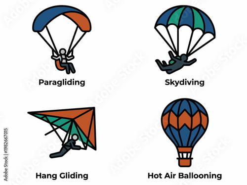 A colorful illustration of various adventure sports and activities in the air