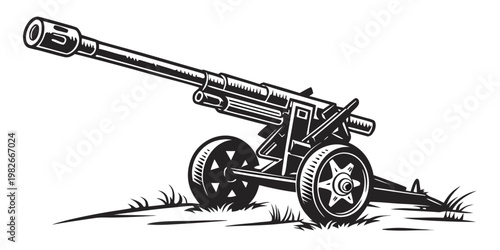 Tableau sur toile Monochrome illustration of a large cannon artillery piece with wheels and stabil