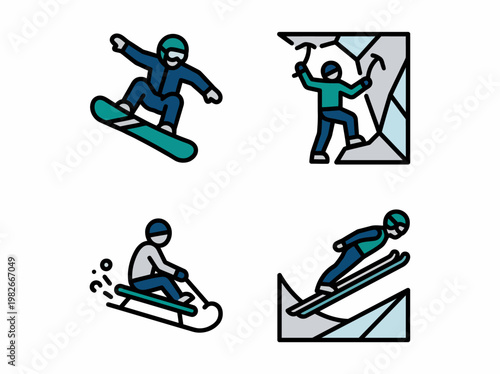 A set of four cartoon illustrations depicting various snowboarding poses and techniques on a white background