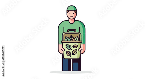 Man holding green recycling bin with leaves and cardboard eco friendly concept sustainability