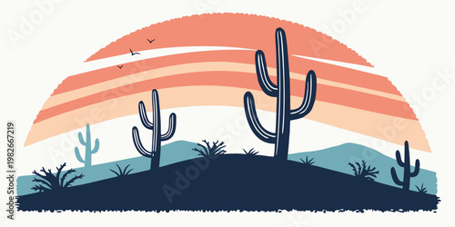 Schilderij op canvas Desert landscape with saguaro cacti and stylized sunset graphic resources plants