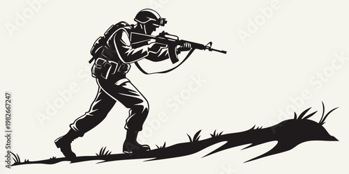 Tableau sur toile Soldier moving forward aiming assault rifle on grassy terrain with military acti