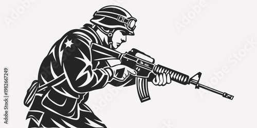 фотографія Soldier aiming assault rifle with goggles and helmet military action army man so