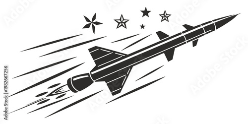 Bild auf Leinwand Retro rocket launch with stars and motion lines black and white illustration sil