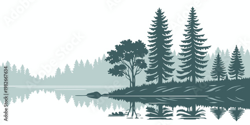 Monochromatic lakeside landscape illustration with conifer and deciduous trees reflected in calm water pine trees design element landscape reflection wilderness monochrome illustration