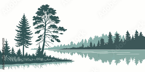 Monochromatic lake landscape illustration with pine trees and dense forest reflected in calm water design element landscape reflection wilderness monochrome illustration tranquil