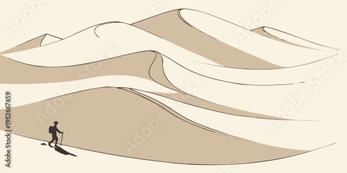 Solitary person with a backpack and walking stick trekking up a vast sand dune in a desert landscape extreme conditions trekking backpack adventure landscape wilderness outdoors solitude