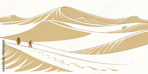 People walking through a vast desert landscape with sand dunes and footprints journey concept illustration extreme weather footprints adventure exploration landscape wilderness outdoors