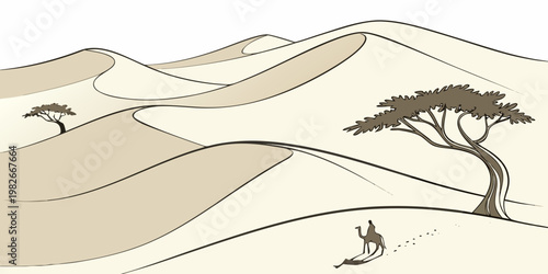 Person riding a camel through a desert landscape with sand dunes and acacia trees traditional journey middle east extreme climate landscape wilderness outdoors silhouette adventure