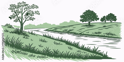 Winding river through a green landscape with blooming trees and lush grassy banks spring scenery landscape blooming countryside environment outdoors vitality conservation illustration