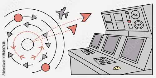 Air traffic control tower console with radar display showing flight paths and an airplane navigating a complex airspace pattern illustration control panel flight path airplane aviation