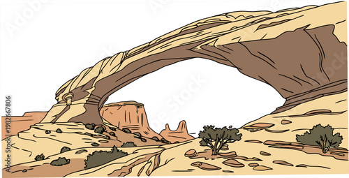Natural sandstone arch rock formation in a vast desert landscape with sparse vegetation under a clear sky a scenic geological illustration formation landscape sandstone monument structure