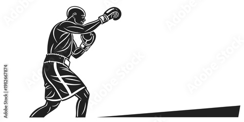 Powerful male boxer executing a swift straight punch wearing boxing gloves depicted in a striking silhouette ready for action martial arts training exercise silhouette competition