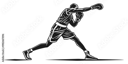 Dynamic male boxer in an intense fighting stance extending arm for a powerful cross punch or hook with boxing gloves and sport attire martial arts training exercise silhouette competition