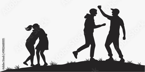 Silhouette of happy friends celebrating success with a high five and a warm hug while standing outdoors in nature during a group reunion silhouette celebration happiness greeting friendship