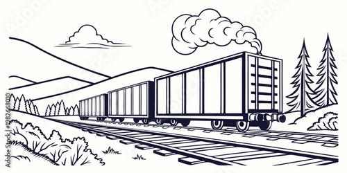 Black and white line art illustration of a freight train traveling on tracks through a mountain landscape with evergreen trees and clouds suitable for a coloring book page transport mountains