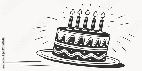 Illustrated birthday cake on a plate with five lit candles and decorative icing background birthday celebration anniversary illustration surprise occasion happiness childhood tradition