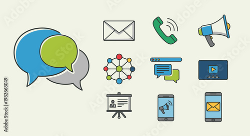 Communication icons on white background.