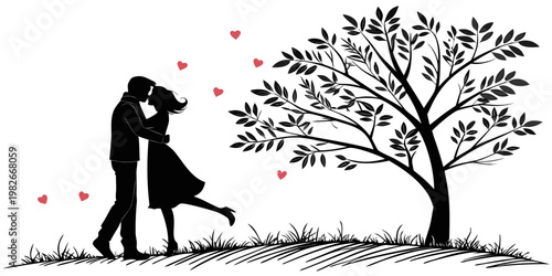 Romantic silhouette of a couple kissing under a large tree with floating red hearts in a grassy landscape silhouette valentine romantic relationship togetherness anniversary engagement