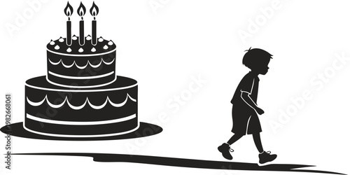 Silhouette of a child boy walking away from a large two-tiered birthday cake with lit candles graphic background birthday silhouette celebration rejection temptation minimalist milestone