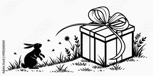 Black and white stylistic vector illustration of a curious rabbit looking at a large gift box with a bow on a meadow with flowers, concept for easter holiday and celebration surprises, line art