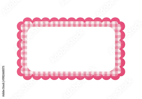 Pink gingham scalloped border label. Empty decorative frame. Checkered name tag template. Graphic design element.