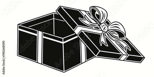 Black and white vector illustration of an open gift box with decorative ribbon and bow on plain white background surprise container celebration birthday christmas anniversary giveaway