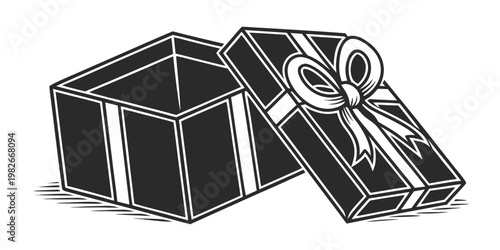 Simple black and white vector line art showing an open and empty gift box with a decorative ribbon and bow, minimalist graphic symbol for surprise delivery and festive celebrations, celebration