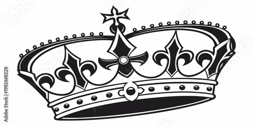 Intricate black and white graphic illustration of a royal crown with decorative fleur-de-lis motifs and a cross ornament line art princess monarchy authority majestic historical medieval