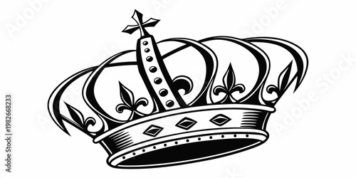 Elegant royal crown illustration with cross top and fleur-de-lis decorative elements in black and white line art style for heraldry and kingdom branding coronation authority leadership
