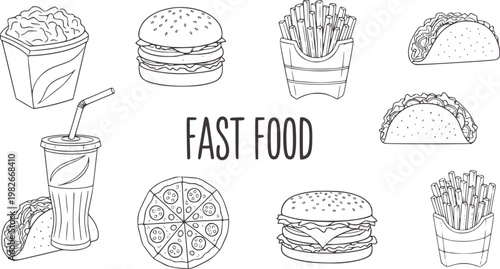 Hand drawn fast food and text fast food burger taco fries
