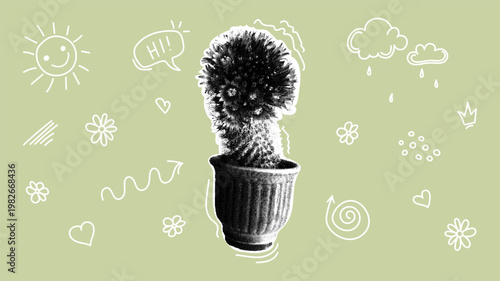 Blooming cactus in a pot with doodle elements. Trendy halftone collage. Decorative plant illustration with floating sun, cloud, and flower icons. Creative graphic design for scrapbooking or social med