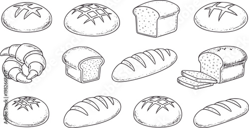 Hand drawn collection of various baked bread types and croissant loaf