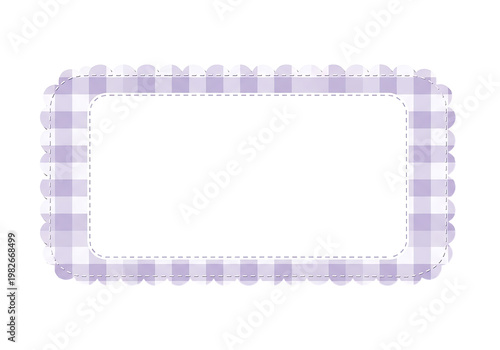 Purple Gingham Frame. Scalloped Rectangle. Cute Plaid Style. Checkered Pattern. Decorative Label.