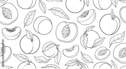 Hand drawn pattern of peaches and leaves white fruit leaf
