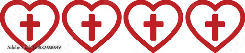 Heart with cross icon set, red cross inside heart shape, vector illustrations representing Christian faith, love, and devotion, isolated on white background for religious and spiritual design projects