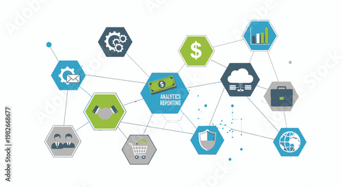 Business icons connected in network.