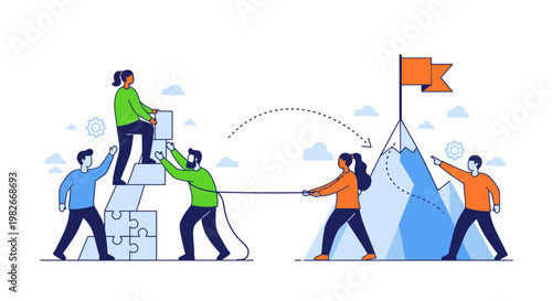 People working together to climb mountain.