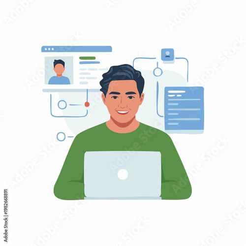 Laptop showing profile avatar and lines, remote job application concept