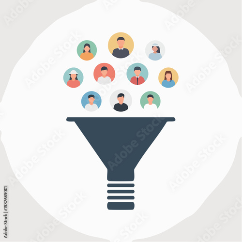 Funnel shape with multiple user icons filtering into one, recruitment filtering process 