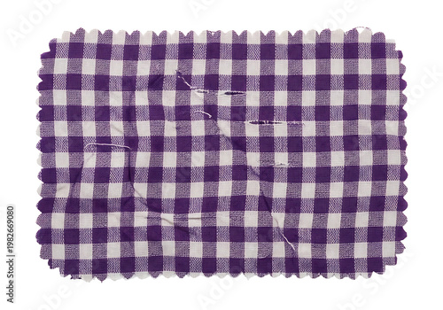 Gingham fabric swatch. Purple and white plaid textile. Woven material texture. Background element.