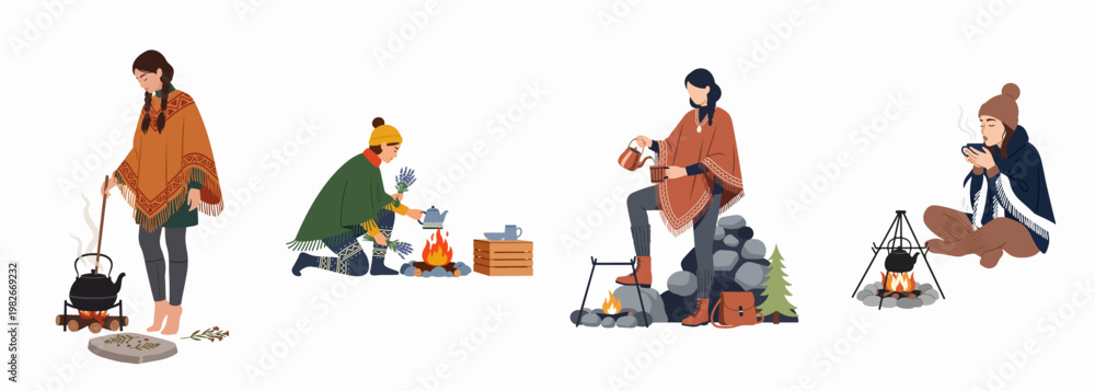 Fototapeta premium Set of flat vector illustrations depicting women in cozy autumn attire camping, brewing tea over campfires, and relaxing in nature with folk aesthetics.