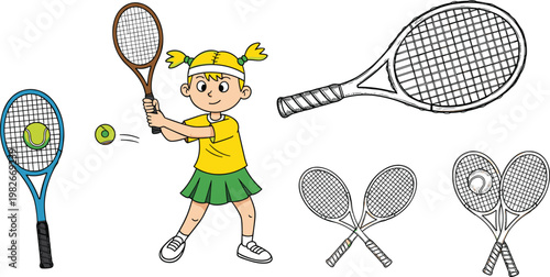Cute Girl Playing Tennis with Racket and Tennis Ball Cartoon Sports Illustration with Tennis Equipment Vector Set